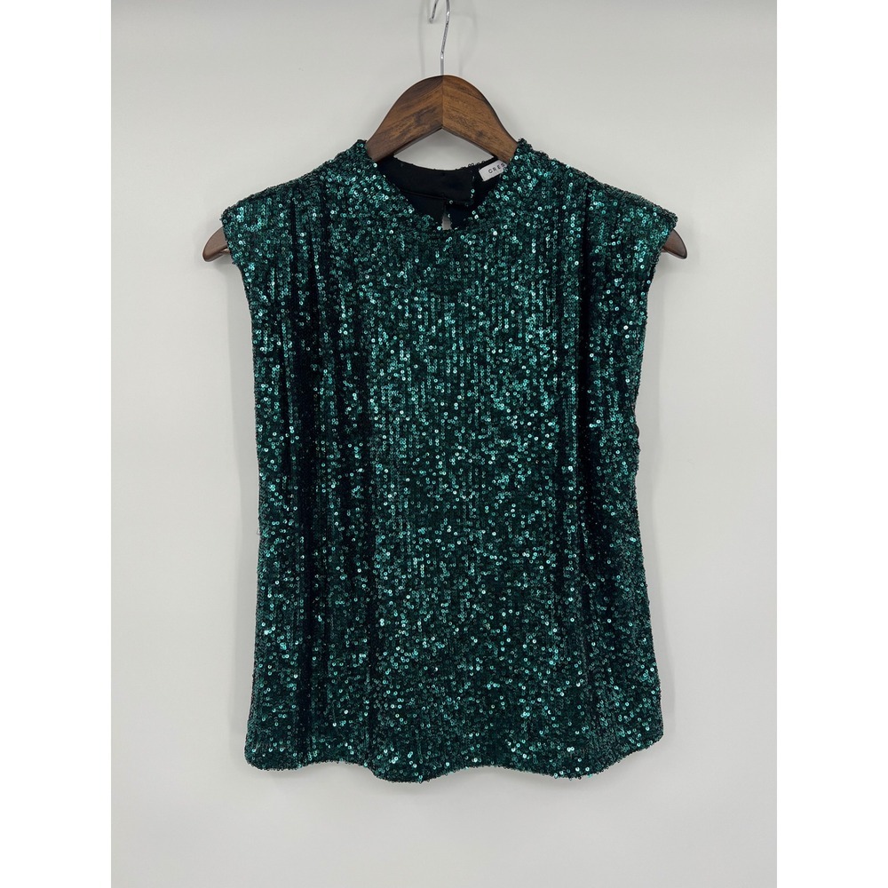 Crescent Emerald Green Sequin Mock Neck Sleeveless Top Small
